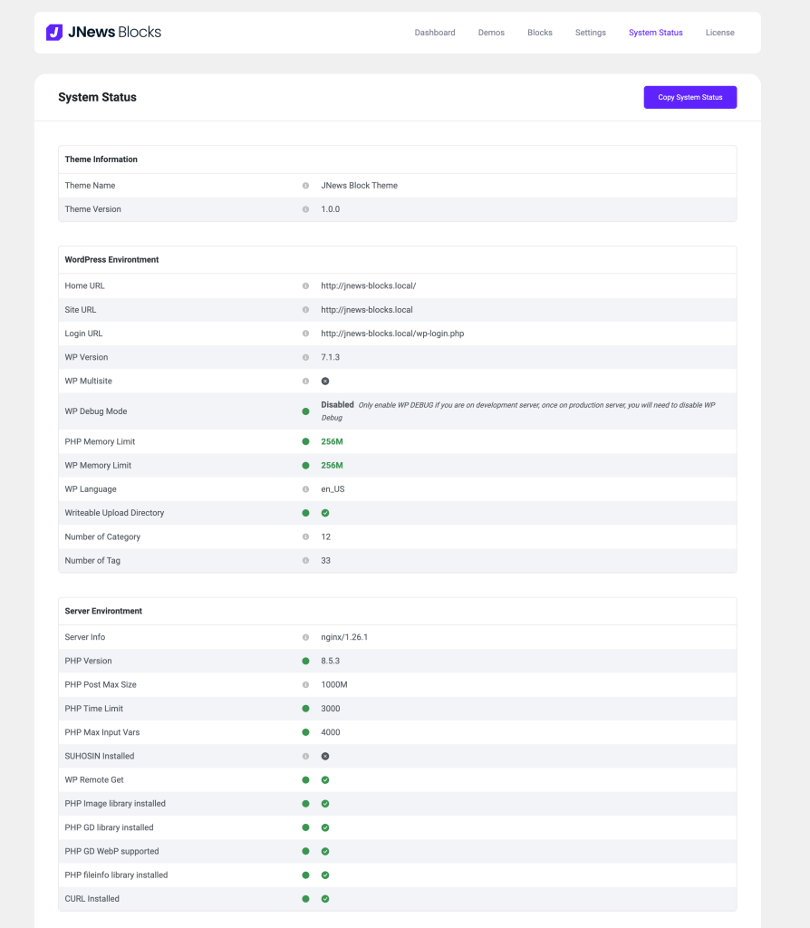 JNews Blocks System Status dashboard